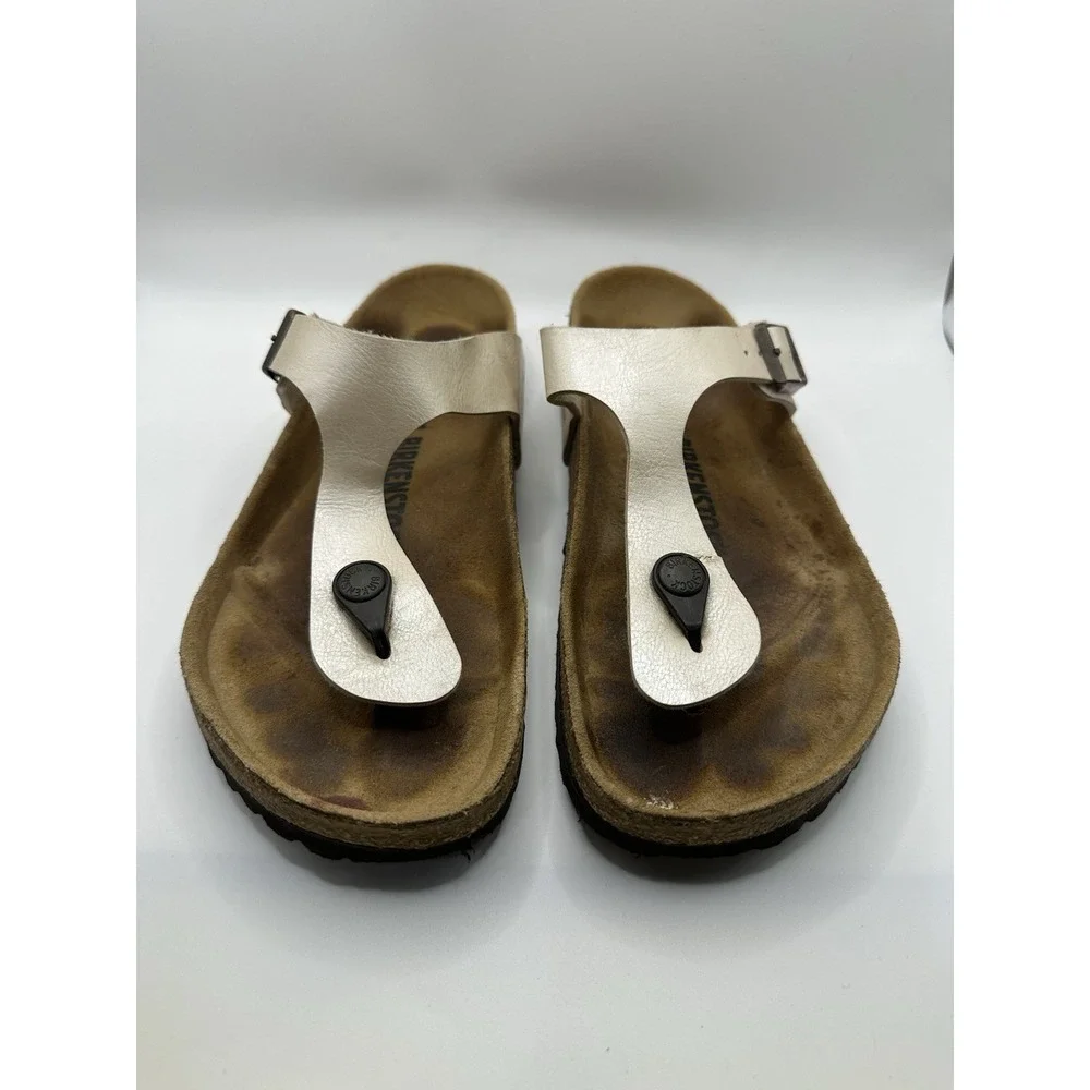 Birkenstock Gizeh Womens 38 US 7 Pearl White Birko Flor T Strap‎ Thong Sandals